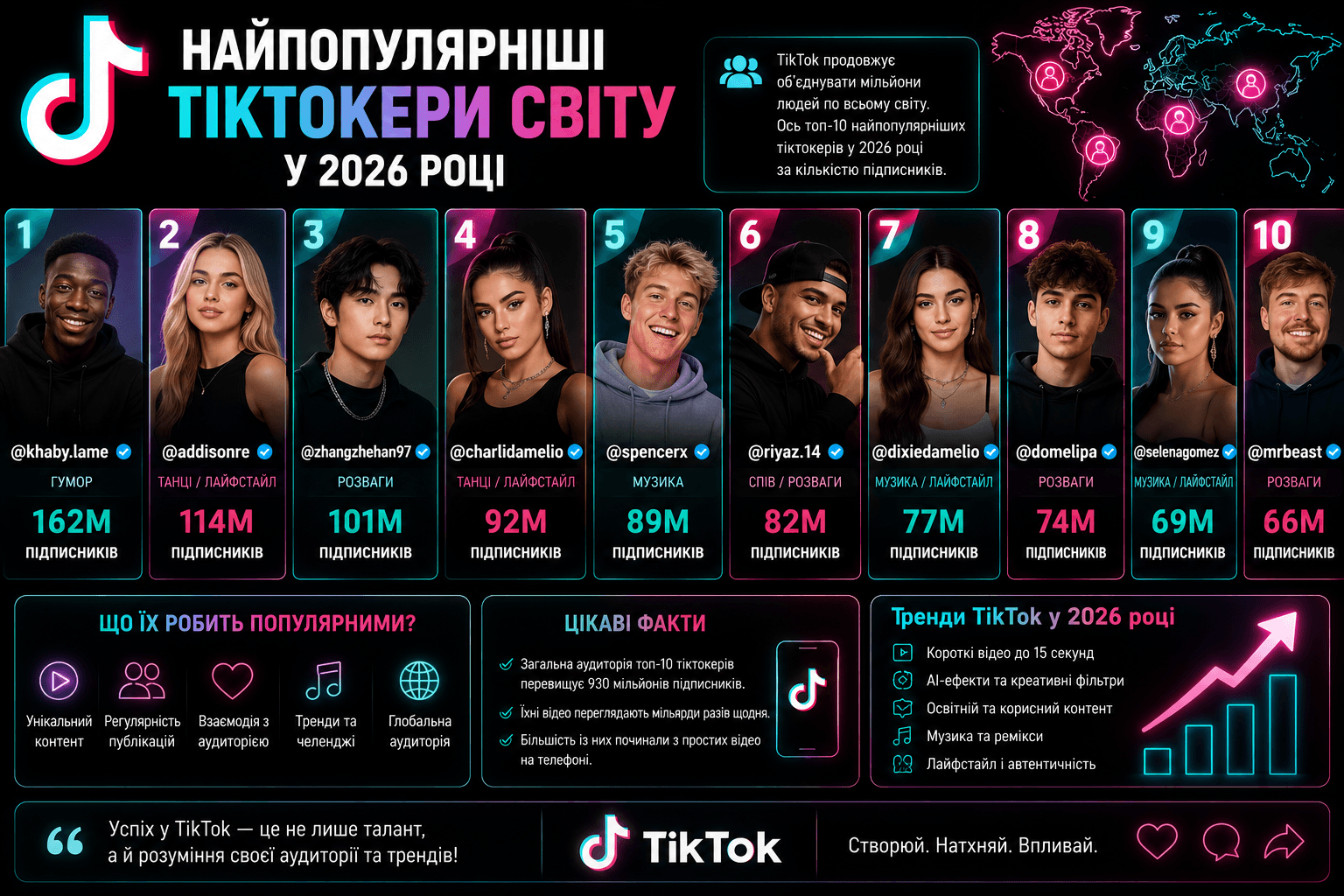 Найпопулярніші тіктокери світу у 2026 році